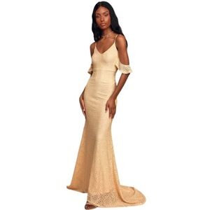 Lulu's Declare My Love Cream Lace Crochet Cold Shoulder Mermaid Maxi Dress NWT M